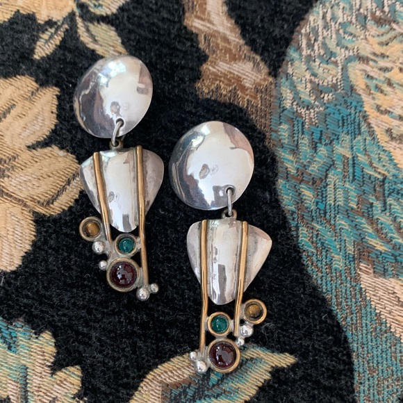 LUIS BOOTH VINTAGE STERLING BRASS & SEMI PRECIOUS STONES CLIP ON DANGLING EARING